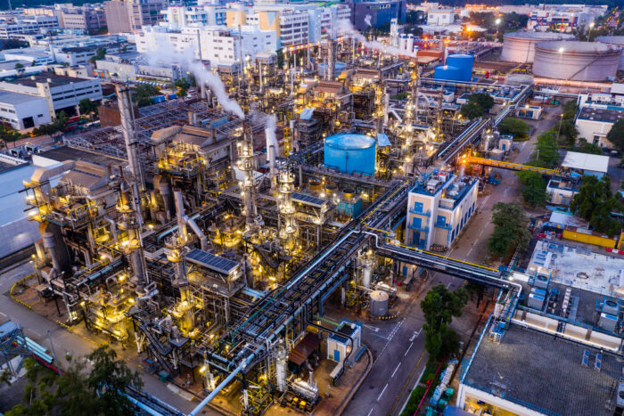 Tai Po, Hong Kong 19 May 2019: Top view of Hong Kong industrial factory plant at night